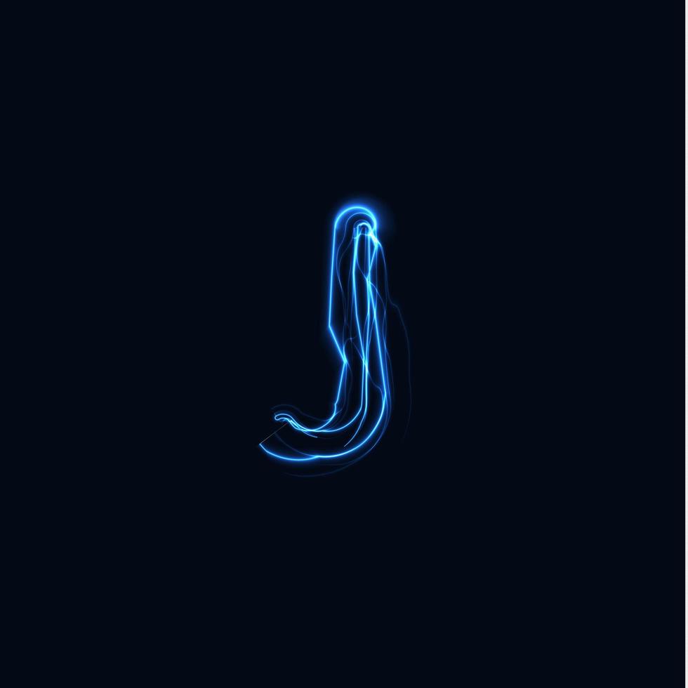 bliksem realistische letter j, heldere handschoenen logo, elektrische energie gloed stijl symbool, blauw tesla plasma type teken. bliksemschicht vectorillustratie, typografie design vector