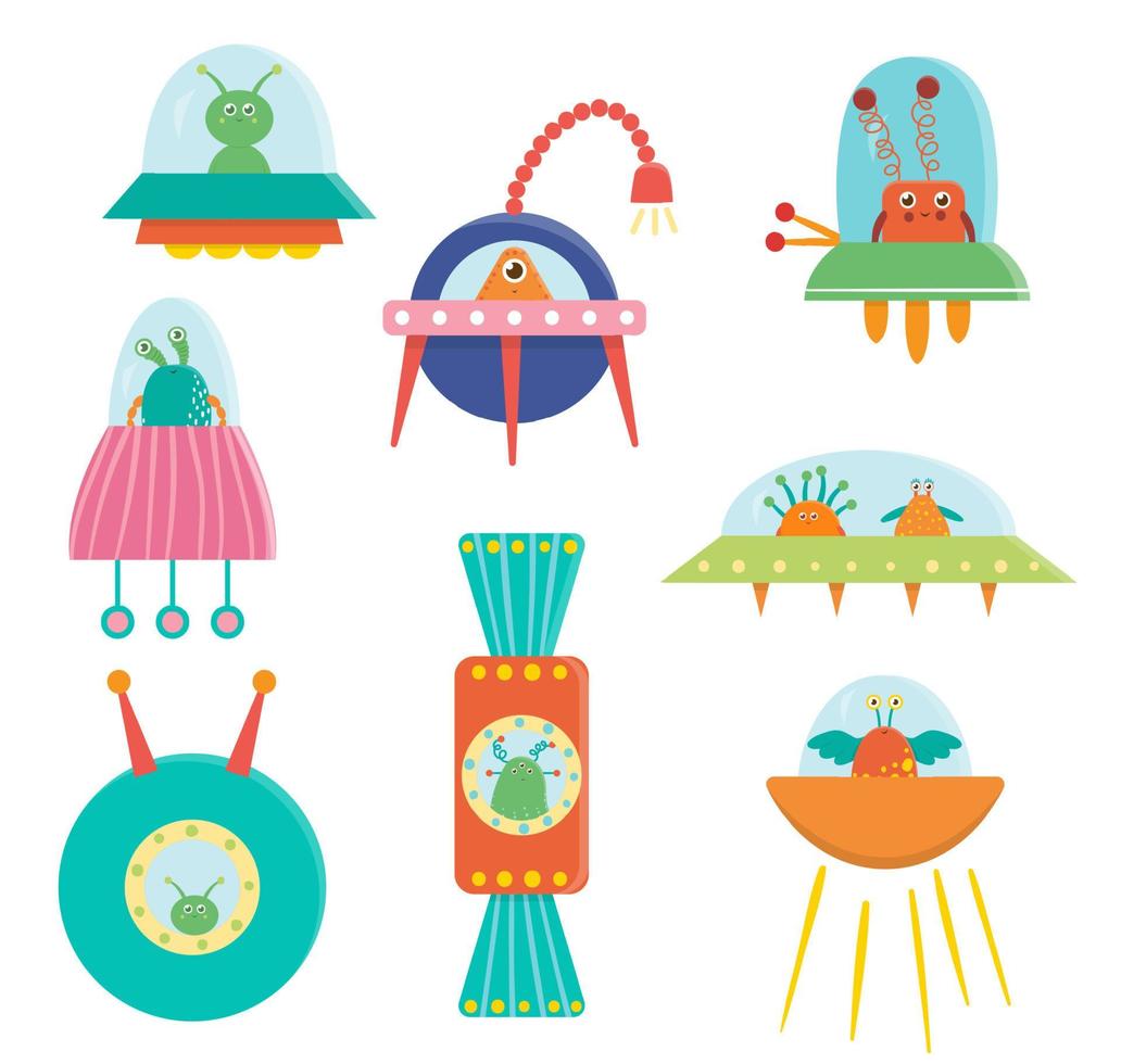 vector set van schattige aliens, ufo, vliegende schotel voor kinderen. heldere en grappige platte illustratie van lachende buitenaardse wezens die in het ruimtevervoer zitten.