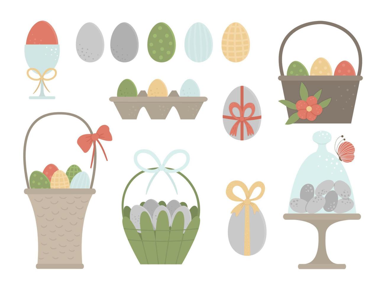 vector set gekleurde eieren, manden, eierdopje, verpakking met strikken, vlinder en bloemen. Pasen traditionele symbolen en ontwerpelementen. collectie van lente iconen.