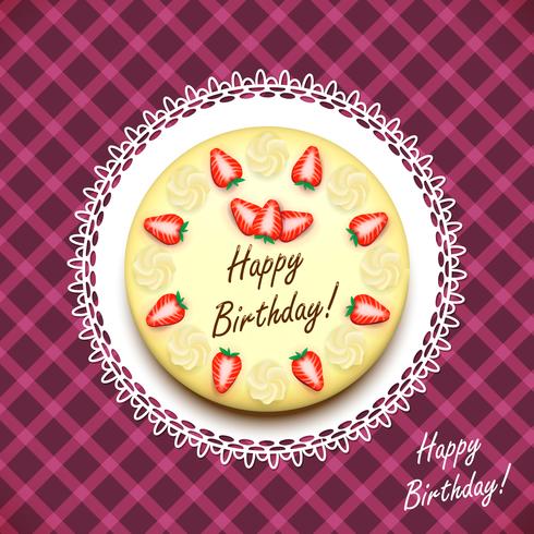 Crème verjaardagstaart versierd met aardbeien vector