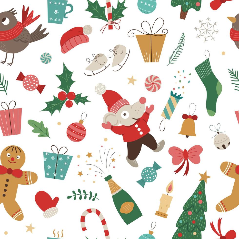 vector naadloze patroon van kerst elementen met muis in rode hoed en jas met handen omhoog. leuke grappige herhalingsachtergrond van nieuwjaarsymbool. kerst vlakke stijl foto voor decoraties of design.
