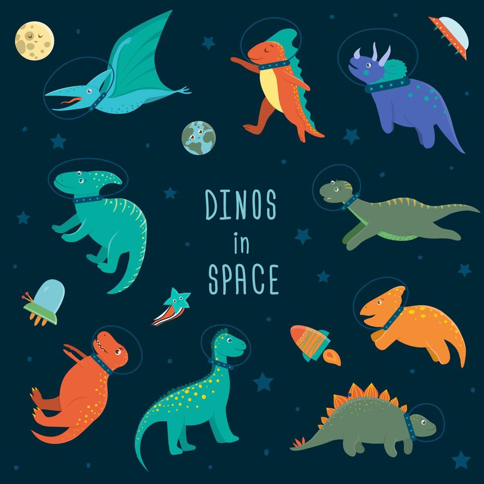 vector set van schattige dinosaurussen in de ruimte. grappige platte kosmische dino tekens achtergrond. schattige prehistorische reptielenillustratie