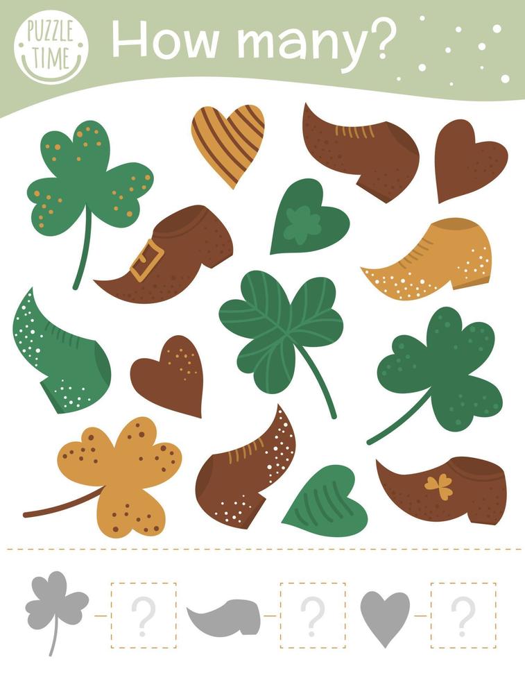 Saint Patrick Day-telspel met vakantiesymbolen. lente wiskunde activiteit voor kleuters. hoeveel objecten werkblad. educatief raadsel met leuke grappige foto's. vector