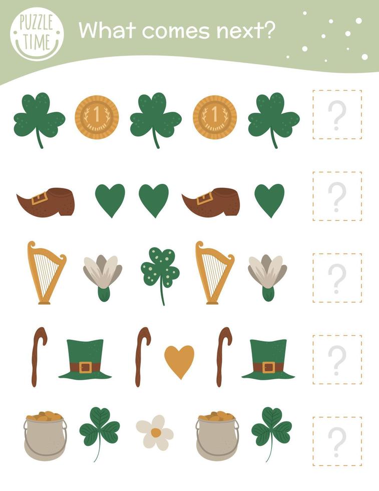 wat volgt. Saint Patrick Day matching-activiteit voor kleuters met vakantiesymbolen. grappig lentespel voor kinderen. logische quiz werkblad. vervolg de rij. vector