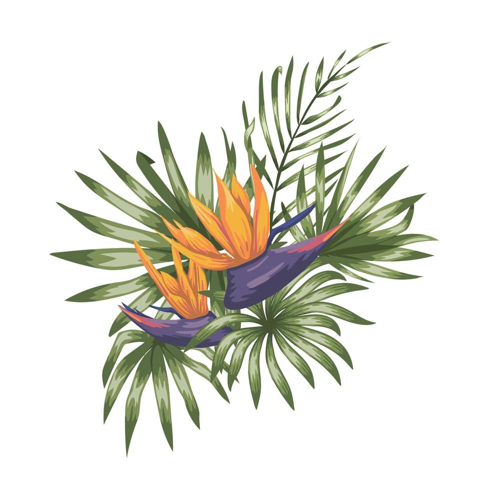 vector tropische samenstelling van strelitzia bloemen, monstera en palmbladeren geïsoleerd op een witte achtergrond. heldere realistische aquarel stijl exotische ontwerpelementen.