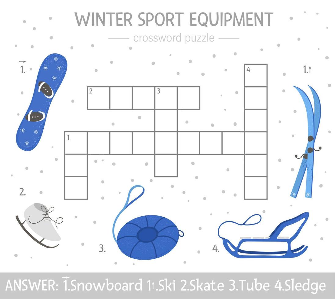 vector winter kruiswoordraadsel. heldere en kleurrijke winterquiz voor kinderen. educatieve activiteit met sportuitrusting