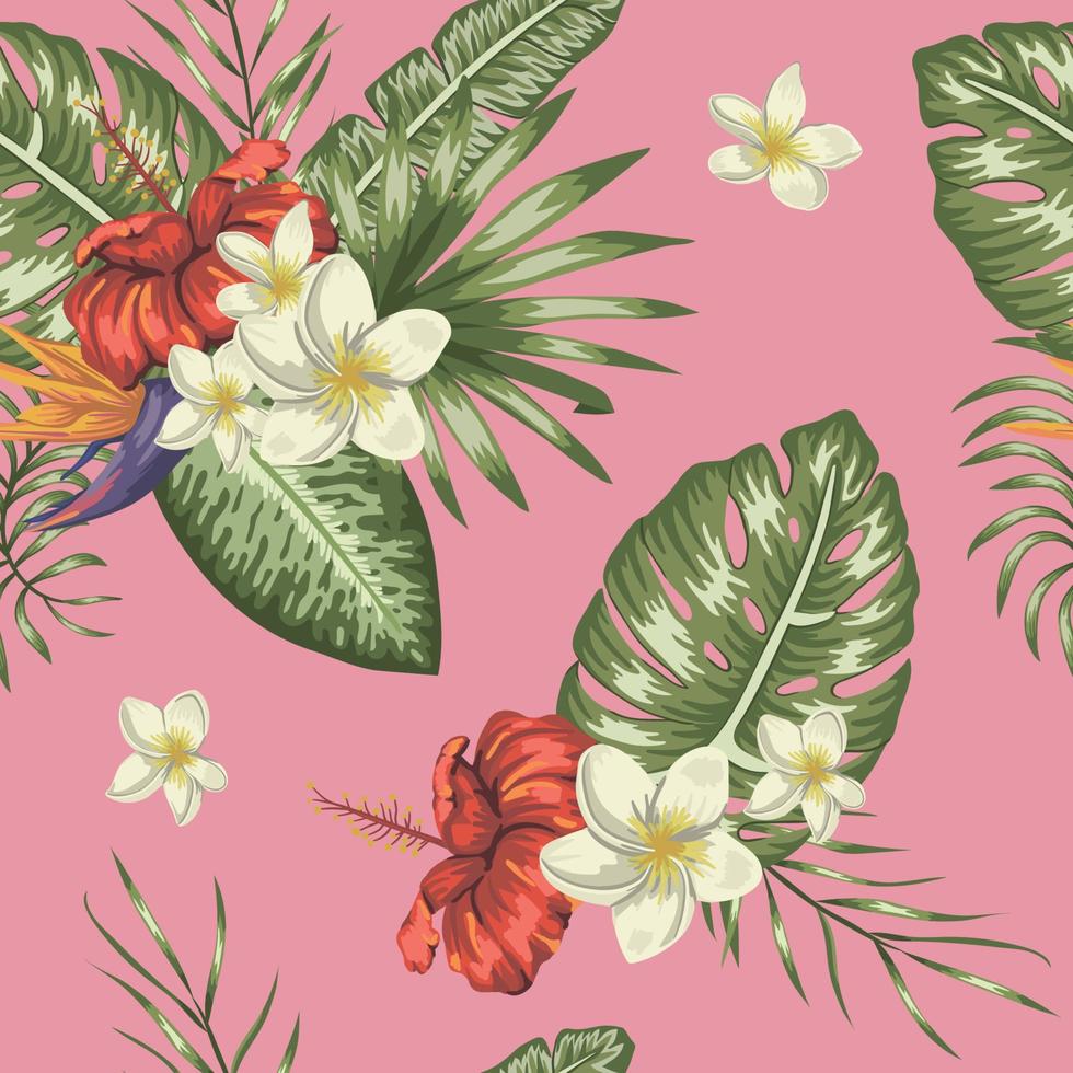 vector naadloze patroon van groene tropische bladeren met plumeria en hibiscus bloemen op roze achtergrond. zomer of lente herhaal tropische achtergrond. trendy exotisch jungle-ornament.