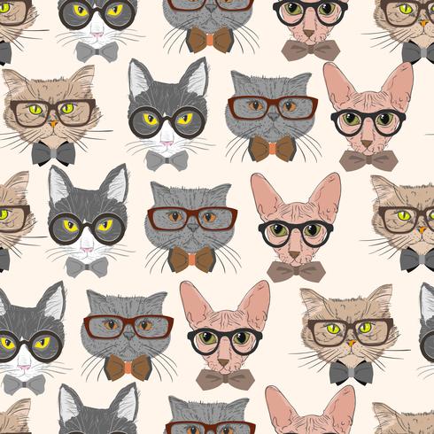 Naadloze hipster katten patroon achtergrond vector