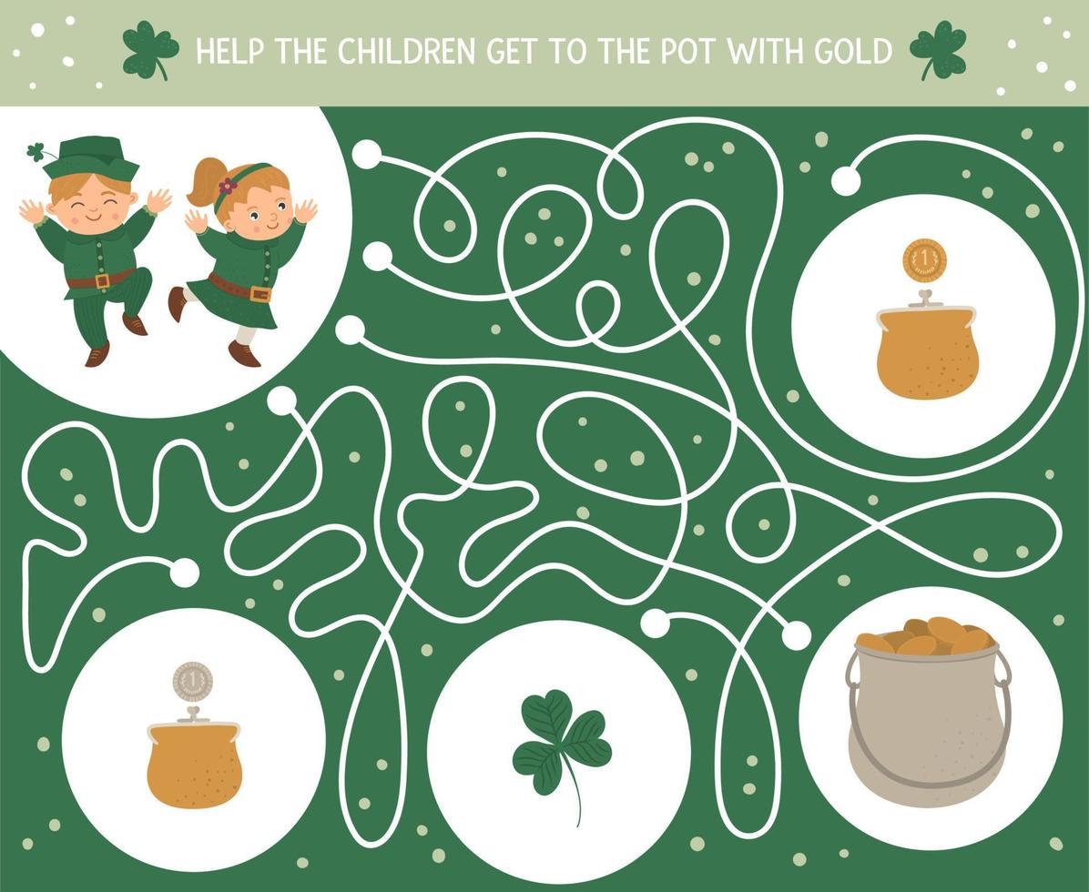Saint Patrick Day doolhof voor kinderen. voorschoolse Ierse vakantie-activiteit. lente puzzelspel met schattige kinderen, klaver, munten. help de kinderen om bij de pot met goud te komen. vector