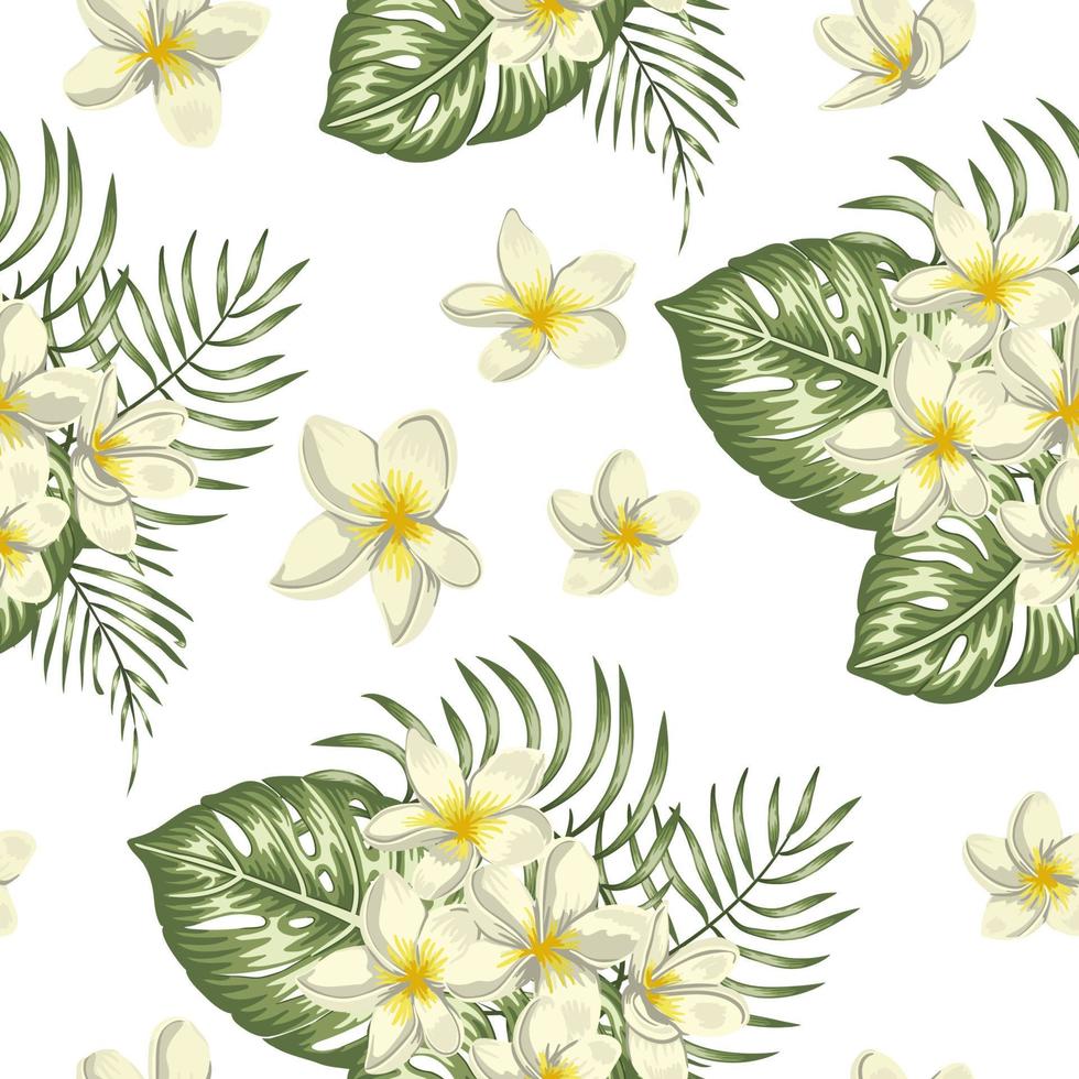 vector naadloze patroon van groene tropische bladeren met plumeria bloemen op witte achtergrond. zomer of lente herhaal tropische achtergrond. trendy exotisch jungle-ornament.