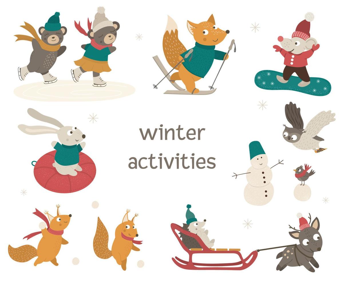 vectorset van schattige bosdieren die winteractiviteiten doen. grappige boskarakters met ski, schaatsen, slee, snowboard, sneeuwpop. vector