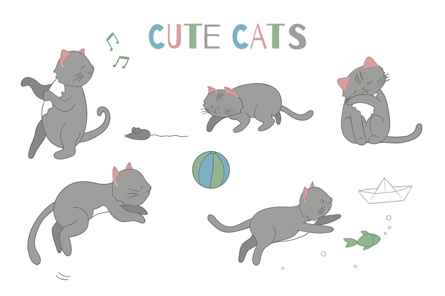 vector set schattige cartoon stijl kat in verschillende poses. dierlijke karakterillustratie voor kinderen. handgetekende lijntekeningen van grappige kitten. grote verzameling huisdieren voor kinderen, kleuren, animatie.