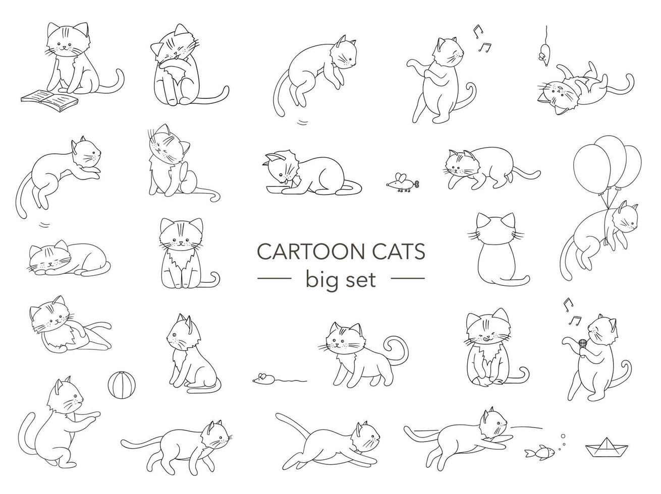 vector set schattige cartoon stijl kat in verschillende poses. dierlijke karakterillustratie voor kinderen. handgetekende lijntekeningen van grappige kitten. grote verzameling huisdieren voor kinderen, kleuren, animatie.