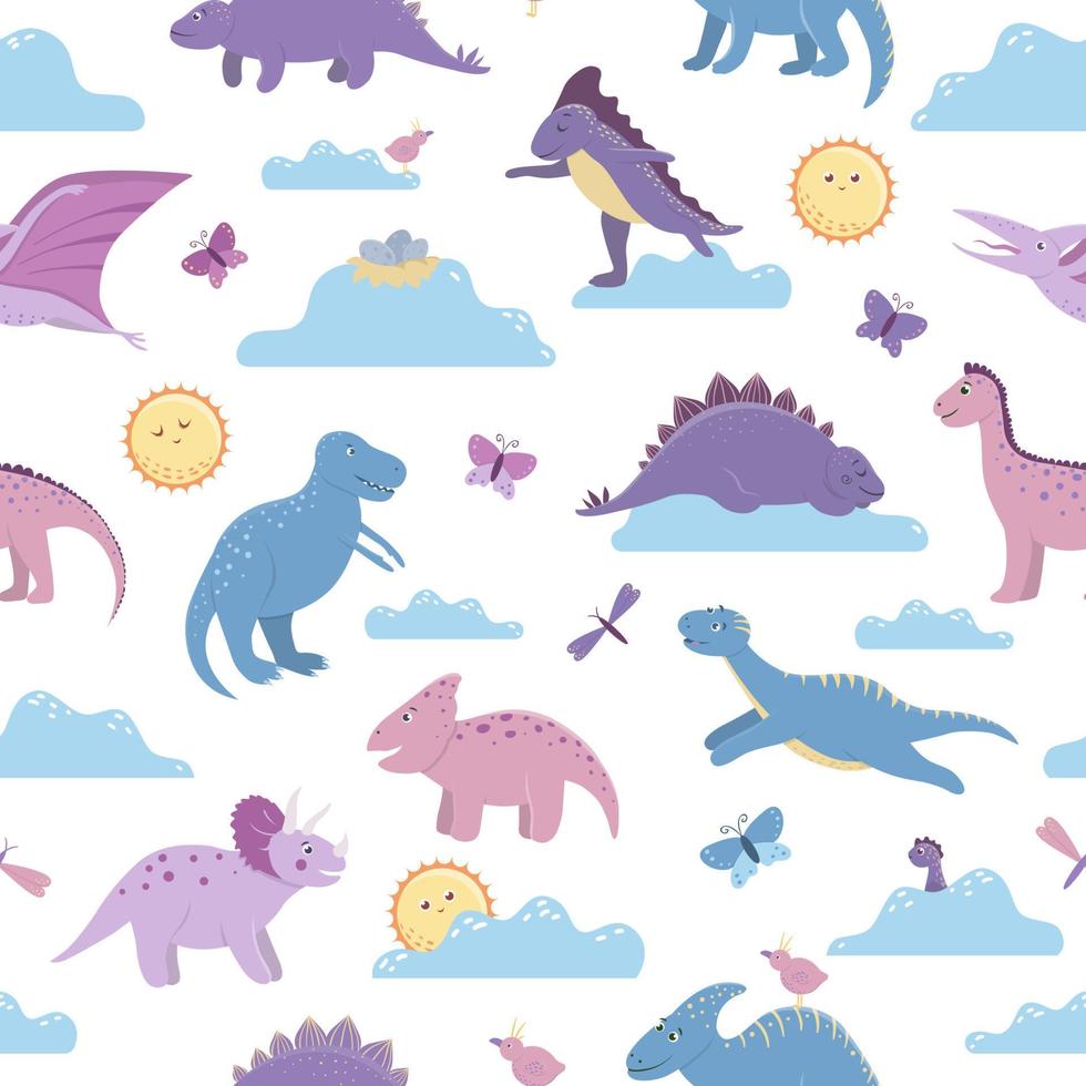 vector naadloos patroon met schattige dinosaurussen op daghemel met wolken, zon, vlinders, vogels voor kinderen. dino platte stripfiguren achtergrond. leuke prehistorische reptielenillustratie.