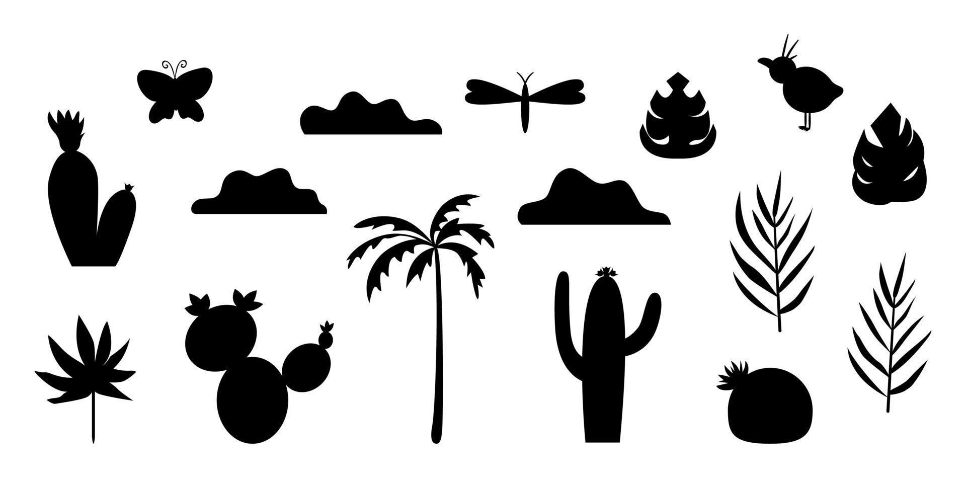 vector set van tropische silhouetten. zwart-wit afbeelding van palmboom, cactus, wolken, bladeren. grappige schattige stencils met woestijn- of jungle-thema.