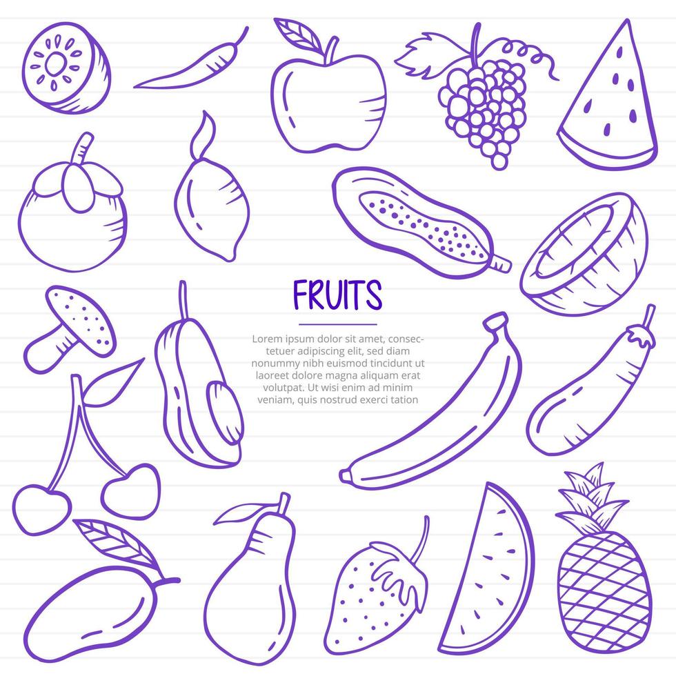 vers gezond fruit doodle hand getekend met kaderstijl op papier boeken lijn vector