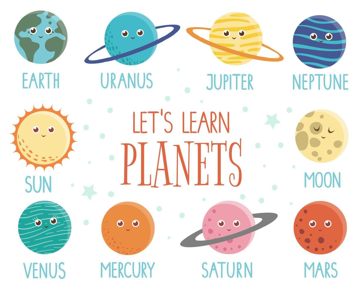 vector set planeten voor kinderen. heldere en schattige platte illustratie van lachende aarde, zon, maan, venus, mars, jupiter, kwik, saturnus, neptun met namen geïsoleerd op een witte achtergrond.