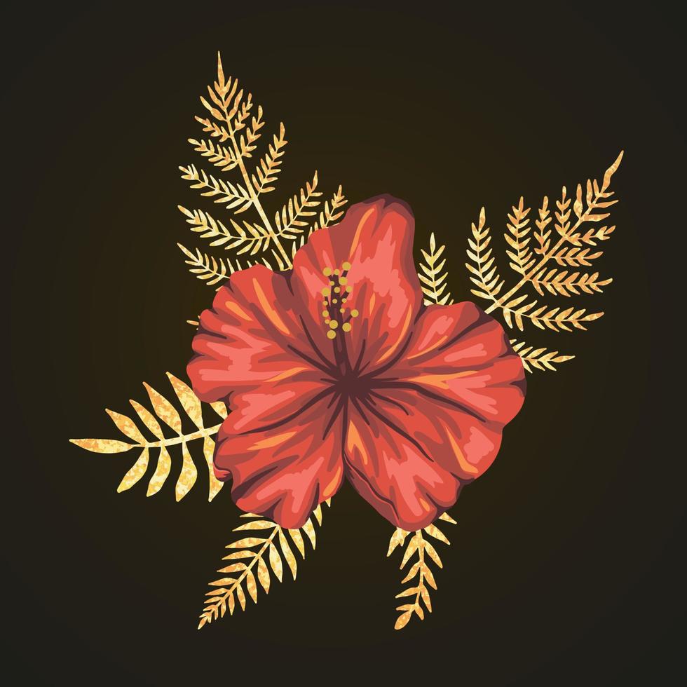 vector tropische samenstelling van hibiscus bloemen met gouden getextureerde bladeren op zwarte achtergrond. heldere realistische aquarel stijl exotische ontwerpelementen.