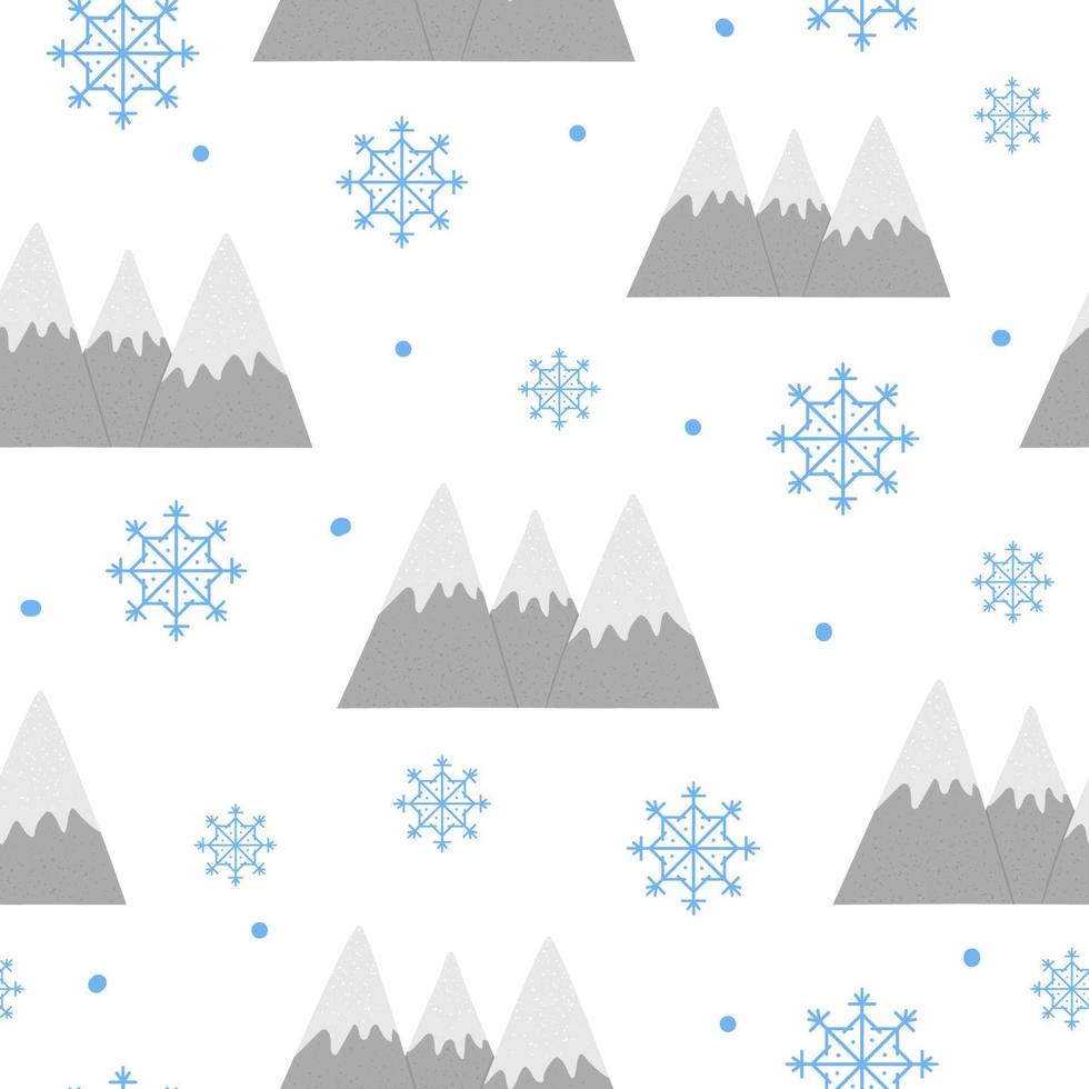 vector naadloos patroon met bergen en sneeuwvlokken. winter herhalende achtergrond. koude seizoentextuur in grijze en blauwe kleuren.