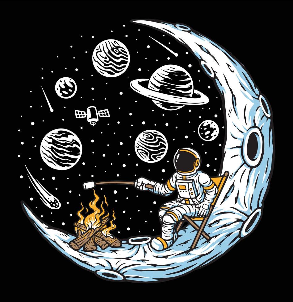astronauten verbranden marshmallows met de hand getekende illustratie vector