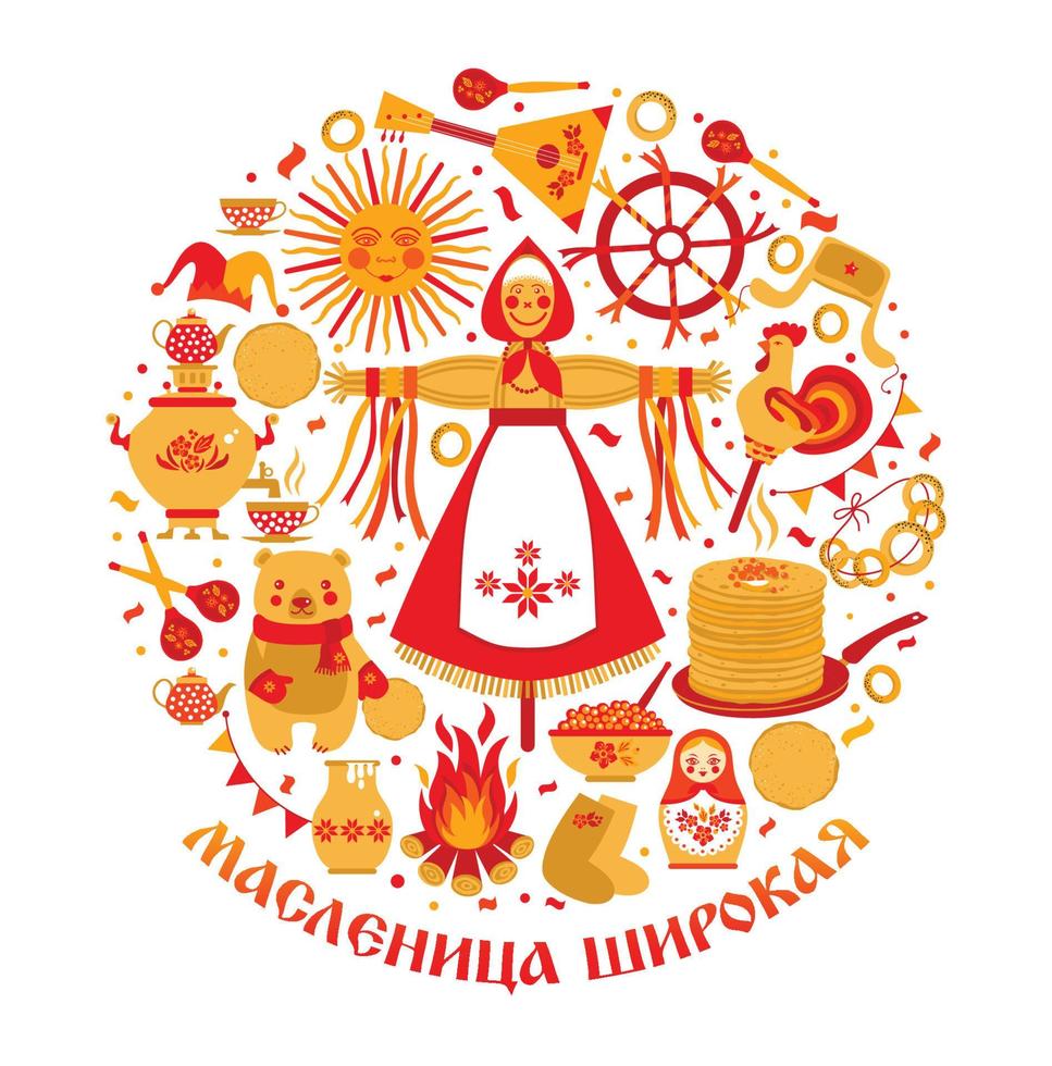 vector ingesteld op het thema van het Russische vakantiecarnaval. russische vertaling breed stuk of maslenitsa.