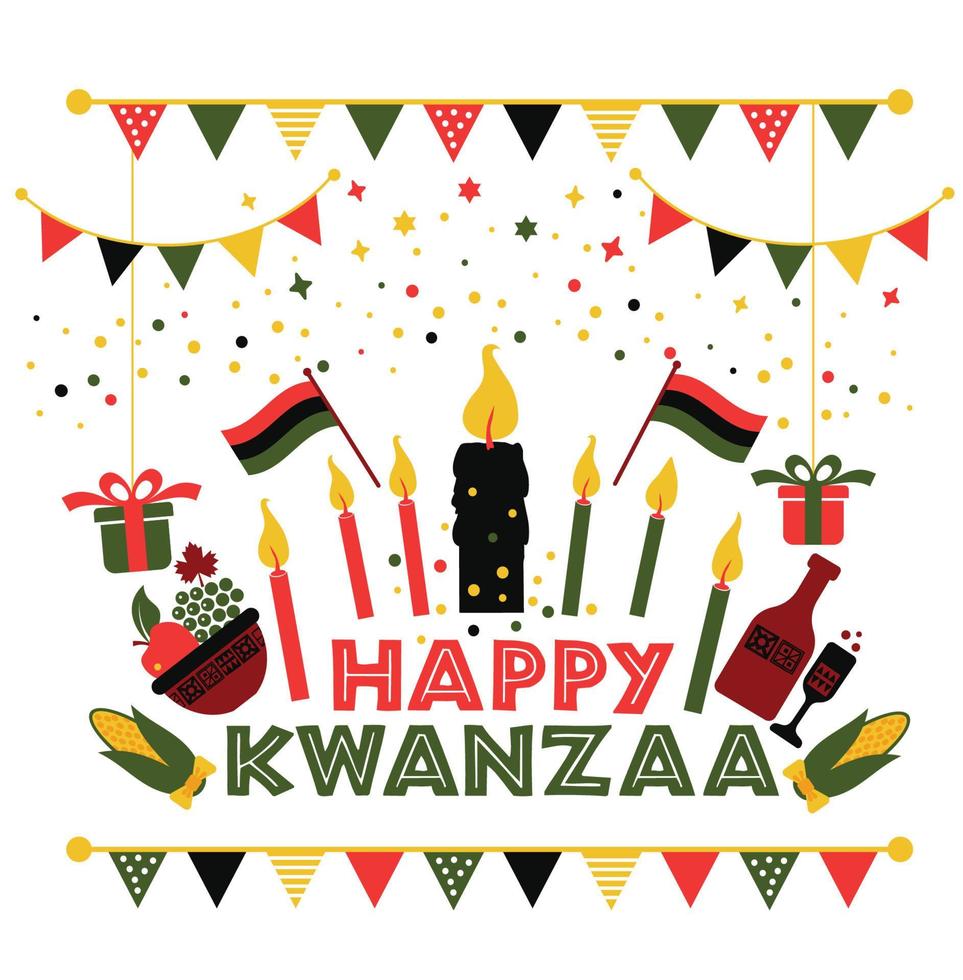 banner voor kwanzaa met traditionele gekleurde en kaarsen die de zeven principes of nguzo saba vertegenwoordigen. vector