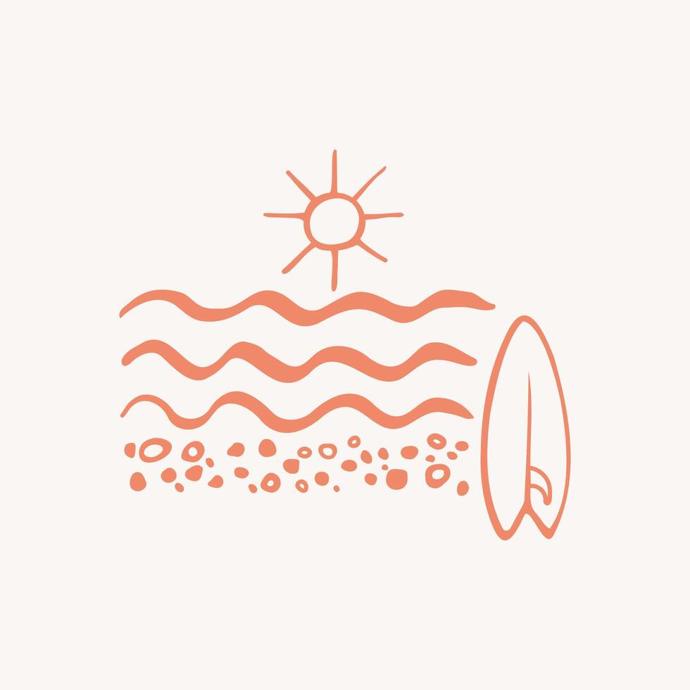 surfplanken zon, golven, hand- getrokken schetsen illustratie. strand surfing ontwerp voor teken, kaart, poster, label, papier, embleem. abstract uit de vrije hand stijl, sjabloon achtergrond vector