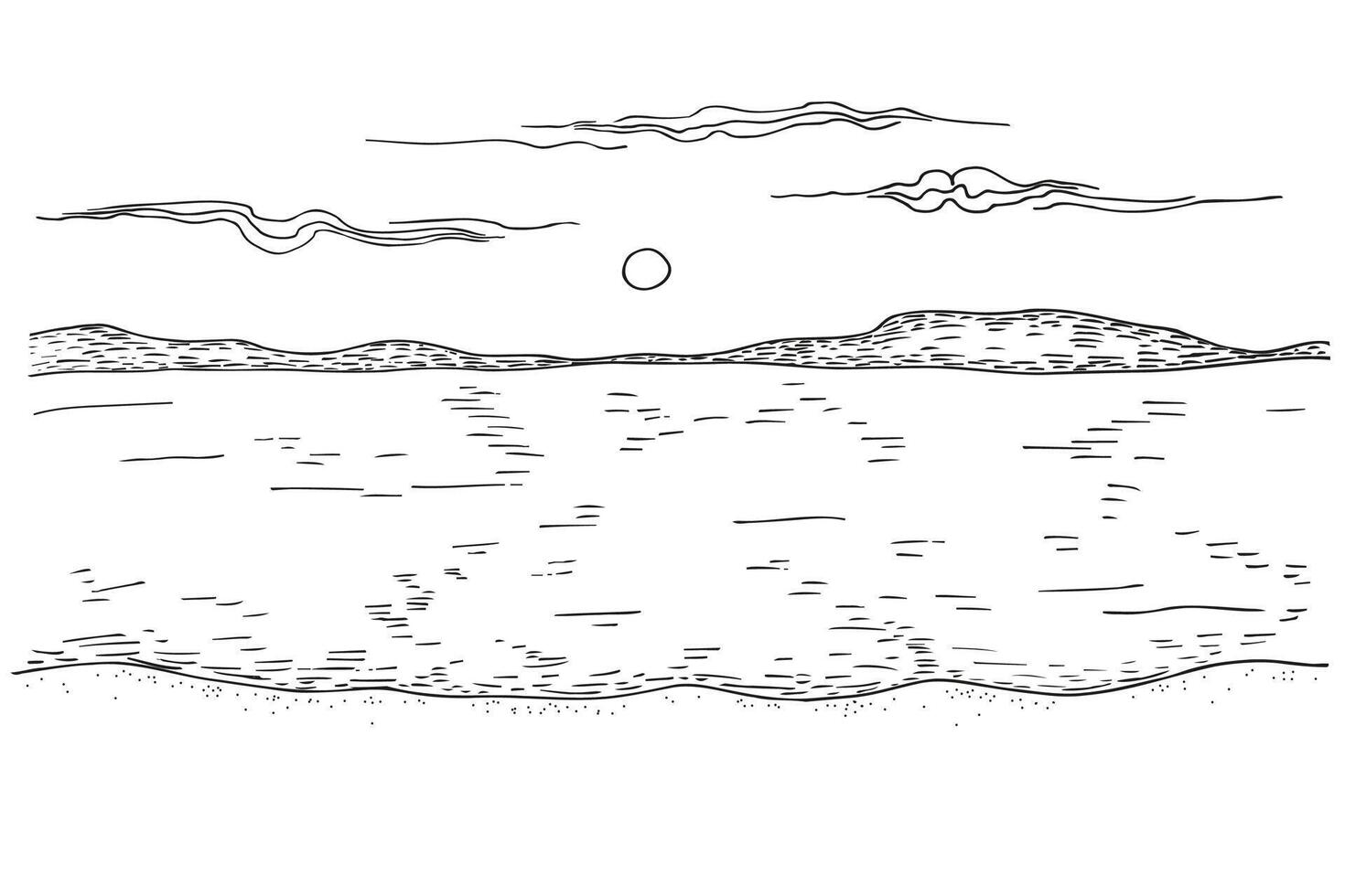 panoramisch oceaan of zee strand visie schetsen hand- getrokken illustratie van kust met water, wolken, golven, marinier motief. abstract inkt tekening, kust landschap. reis, natuur, vakantie vector