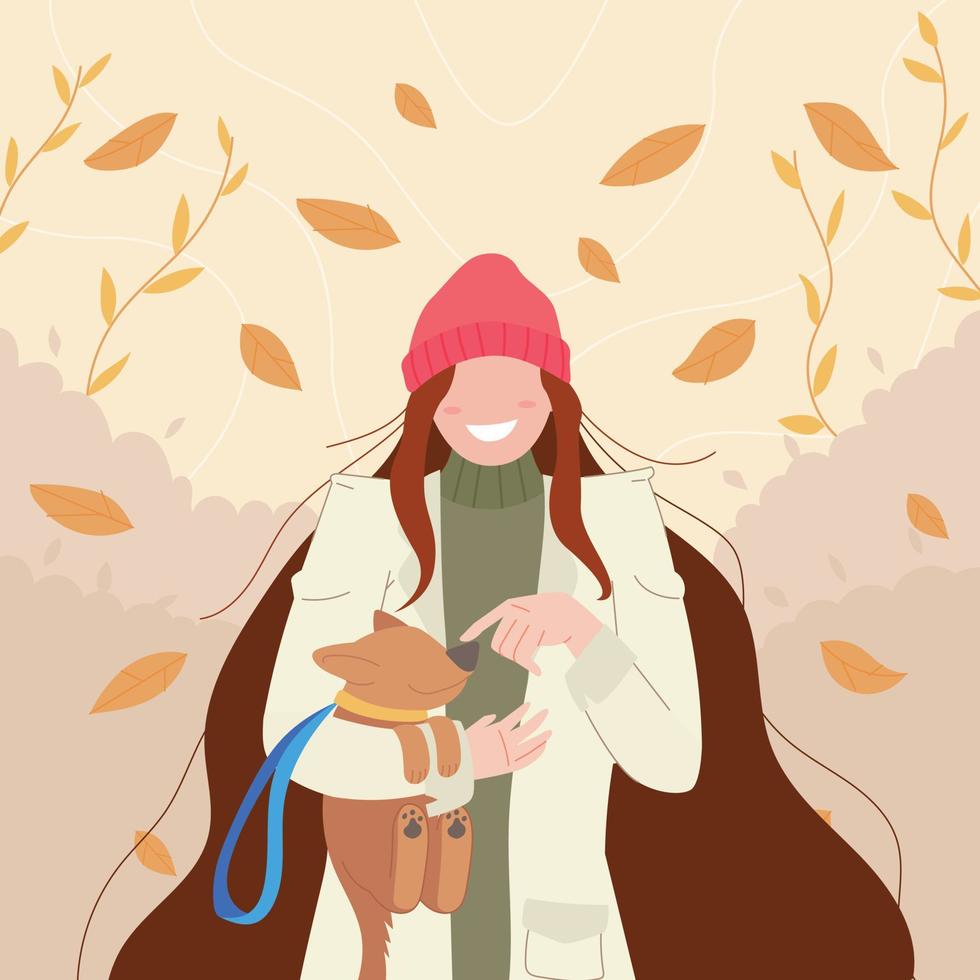 meisje loopt in de herfst met haar hond vector