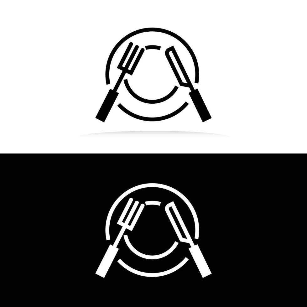 bord en mes met een vork icoon logo. lijn met bewerkbare beroerte vector