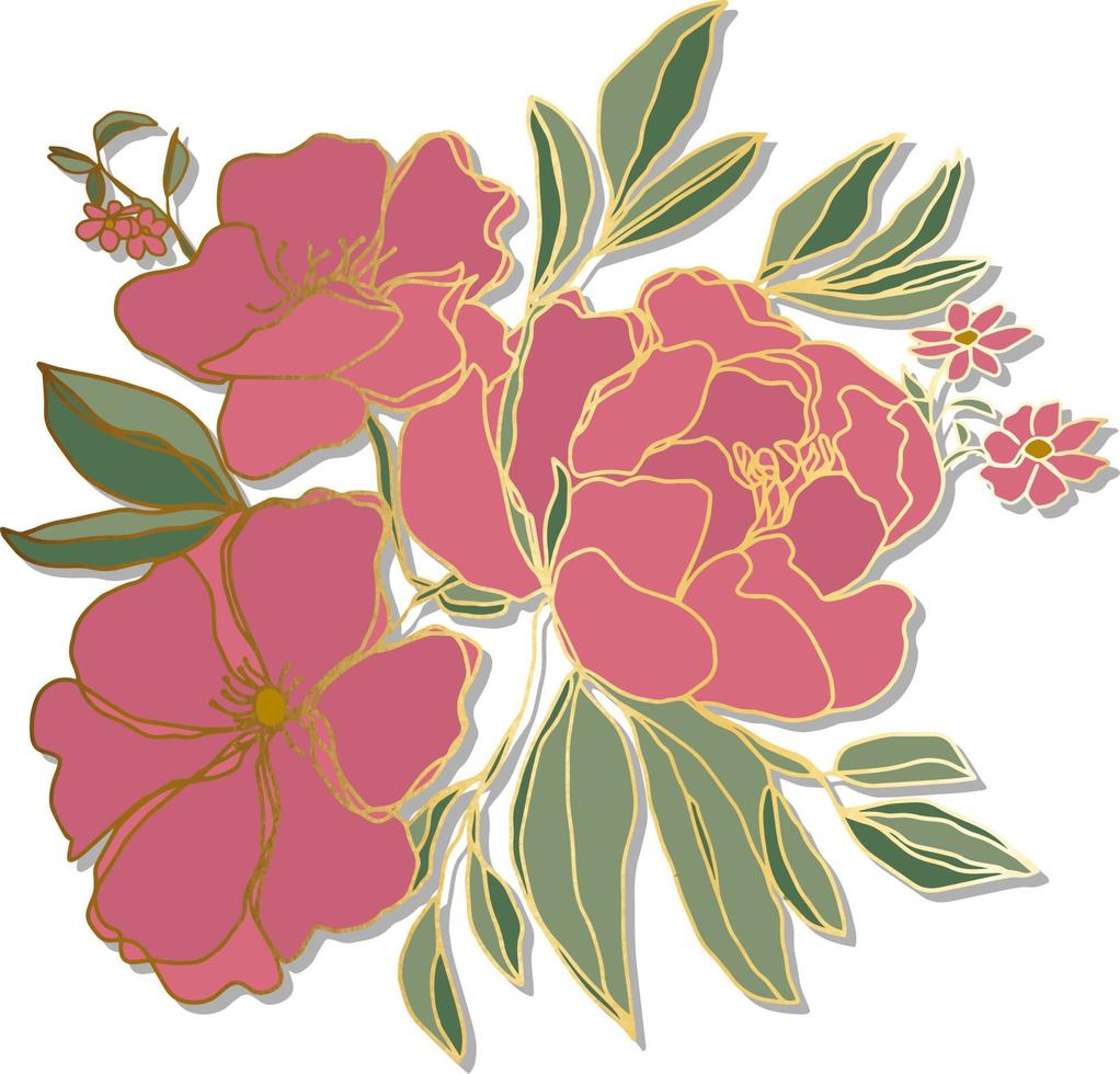 pioen bloemknoppen tak met bladeren en kleine bloemen geïsoleerde vector background