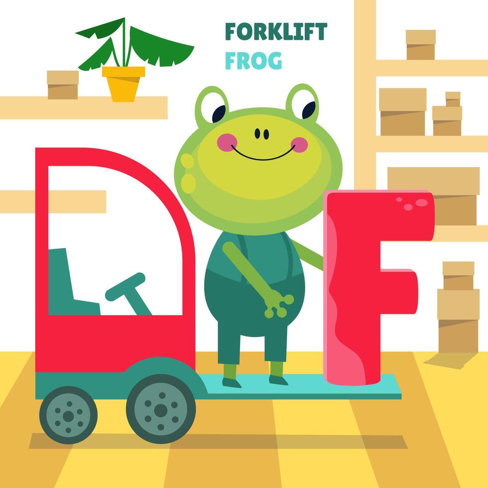 brief f. alfabet, kaart met schattig tekenfilm stijl karakters. kikker en heftruck. abc. onderwijs voor kinderen. peuter- werkzaamheid. illustratie. vector