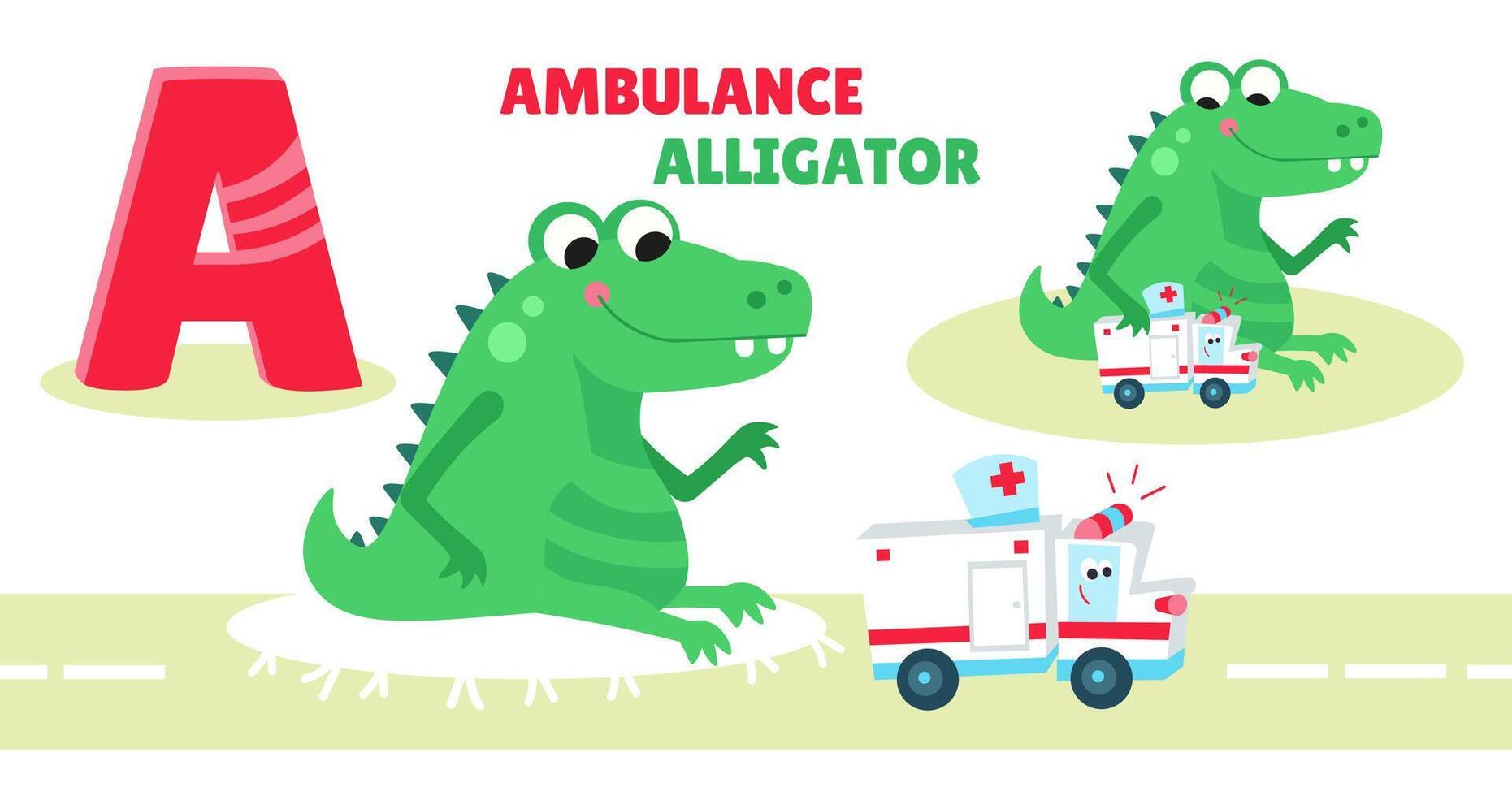 brief a. alfabet, kaart met schattig tekenfilm stijl karakters. alligator en ambulance. abc. onderwijs voor kinderen. peuter- werkzaamheid. illustratie. vector