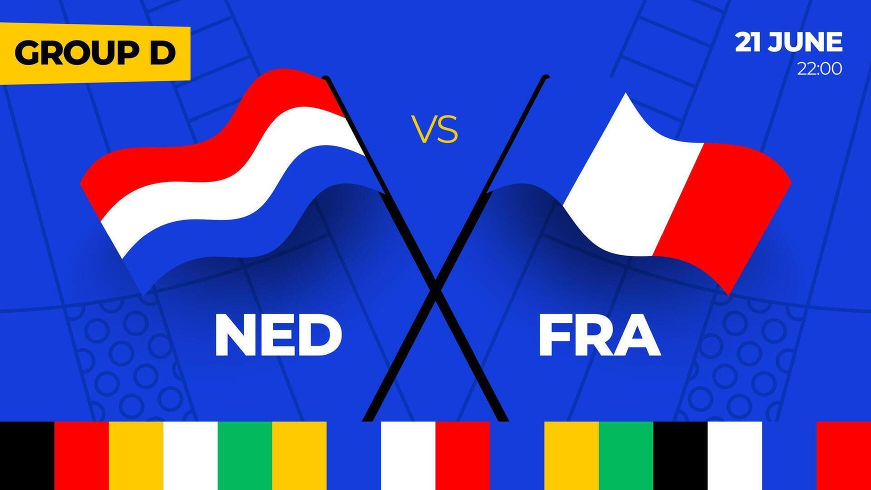 Nederland vs Frankrijk Amerikaans voetbal 2024 bij elkaar passen versus. 2024 groep stadium kampioenschap bij elkaar passen versus teams intro sport achtergrond, kampioenschap wedstrijd vector