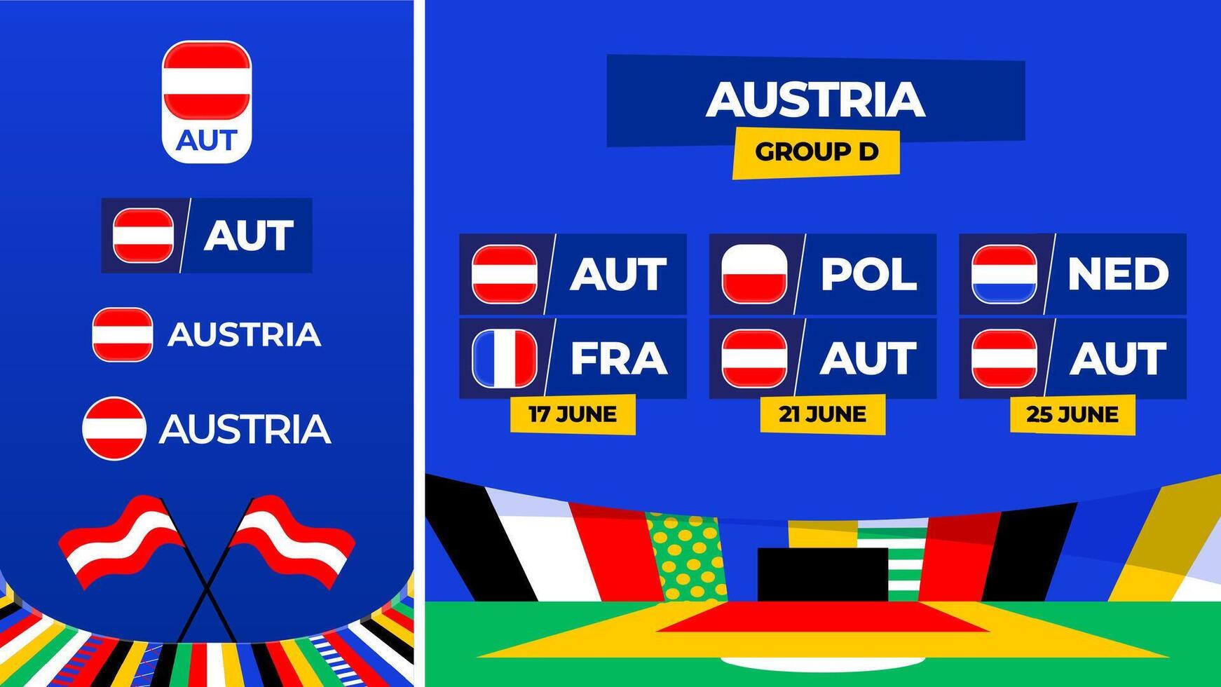 Oostenrijk Amerikaans voetbal 2024 bij elkaar passen versus set. nationaal team vlag 2024 en groep stadium kampioenschap bij elkaar passen versus teams vector