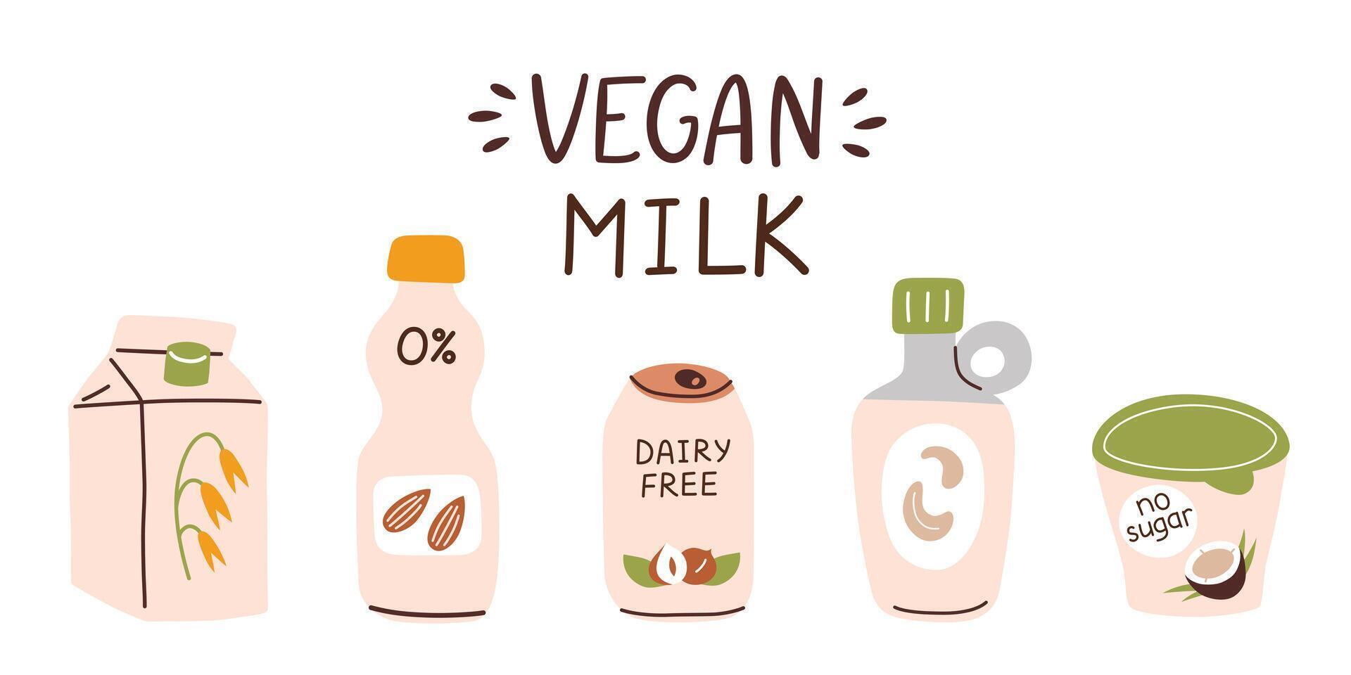 veganistisch melk verzameling, melk alternatieven met amandel, kokosnoot, haver, reeks van flessen, pakketten met fabriek gebaseerd dranken, cachou drinken icoon, illustraties van natuurlijk niet dagboek voedsel met belettering vector