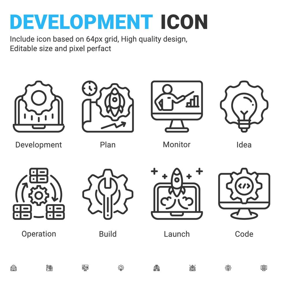 vector devops pictogrammen instellen met kaderstijl geïsoleerd op een witte achtergrond. vector icon it operaties en software ontwikkeling teken symbool concept voor bedienen, software en technologie. bewerkbare streek