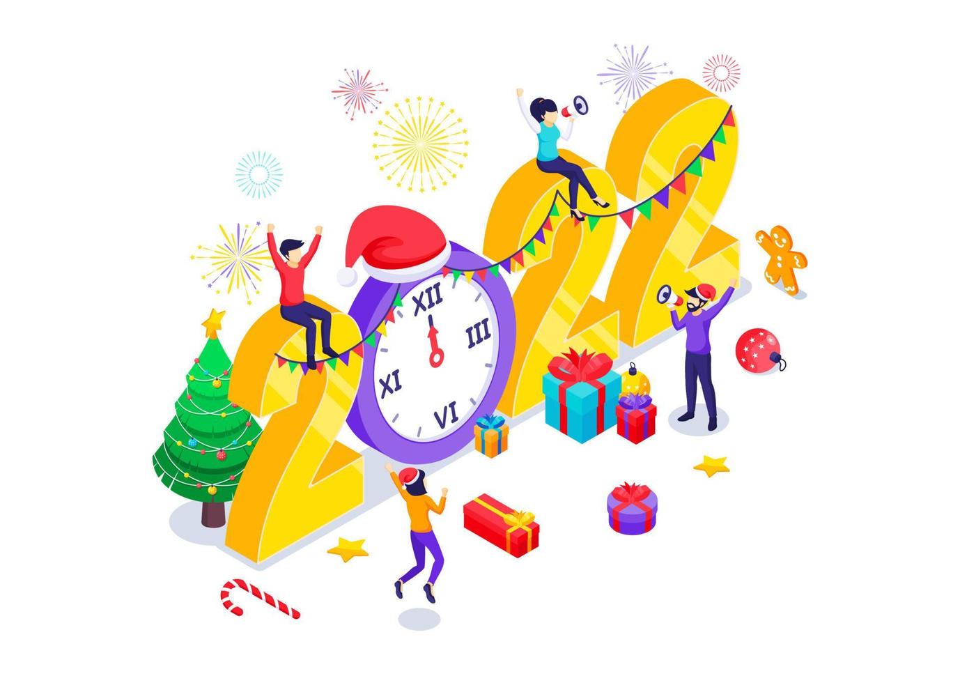 mensen vieren nieuwjaar in de buurt van versierd groot 2022-nummer met geschenkdozen en vuurwerk. prettige kerstdagen en gelukkig nieuwjaar ontwerpconcept. isometrische vectorillustratie vector