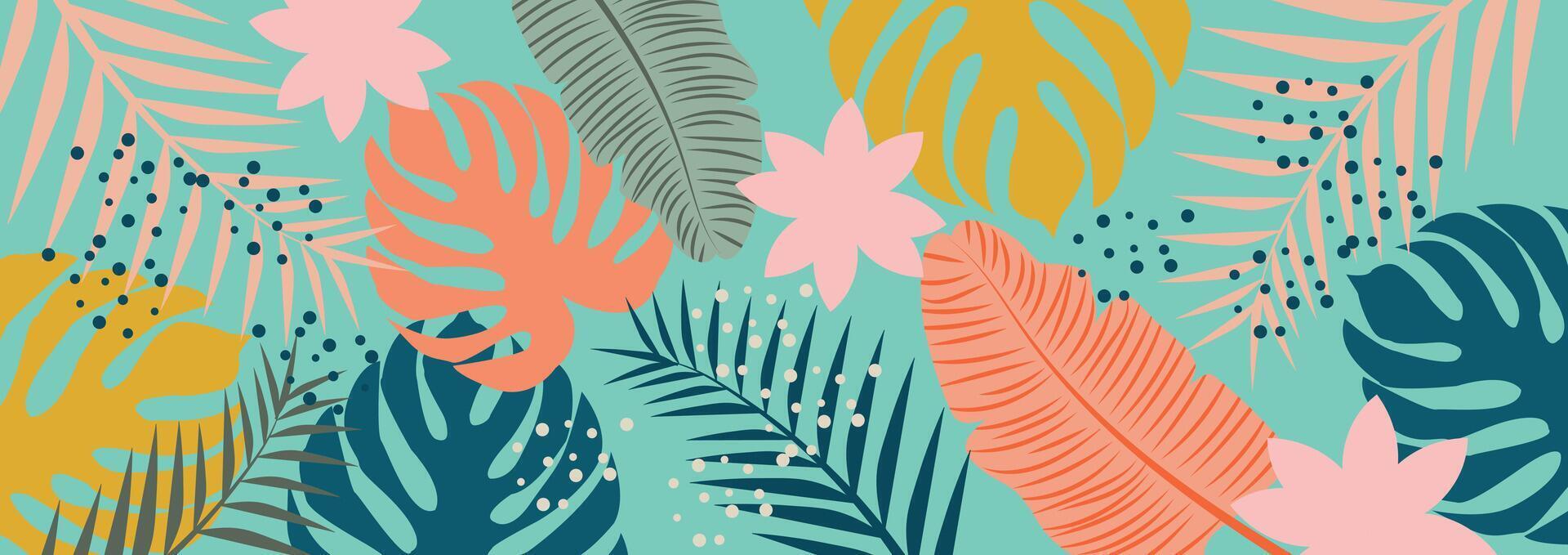 modern kleurrijk tropisch patroon met bladeren. bloemen afdrukken. abstract flora en plantkunde. schattig botanisch abstract tropisch achtergrond met bladeren en bloemen. vector