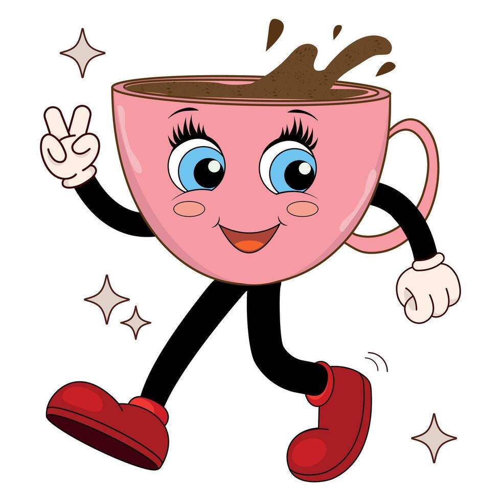 retro tekenfilm koffie karakter in groovy stijl. wijnoogst koffie kop mascotte, jaren 60, 80s nostalgie met psychedelisch smiley gezicht en emoties. koel illustratie voor uw ontwerp. vector