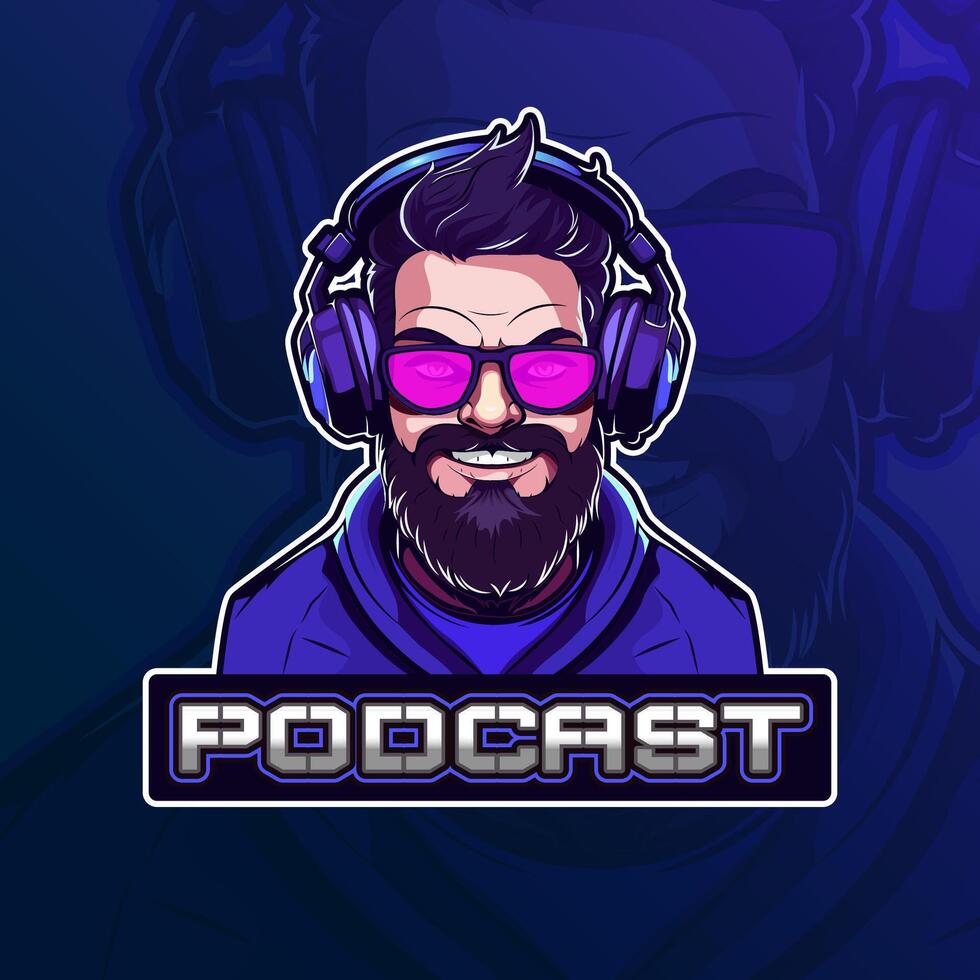 Mens met hoofdtelefoon. podcast mascotte logo ontwerp voor insigne, embleem, esport en t-shirt het drukken vector