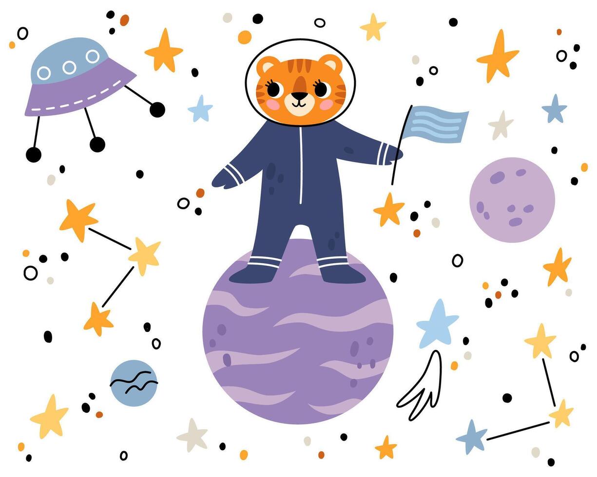 tijger in Open ruimte. schattig dier astronaut in ruimte pakken. karakter verkennen universum heelal met planeten, sterren, ruimteschip voor kinderen afdrukken. ontwerp in Scandinavisch stijl. vector
