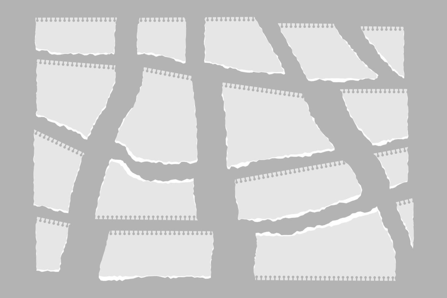 gescheurd stuk van papier geïsoleerd Aan grijs achtergrond. een reeks van verschillend abstract achtergronden met ruw gescheurd randen en gekarteld vormen. voor collage, tekst doos, kop, kader. illustratie. vector