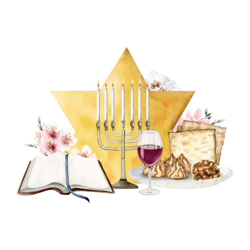 Pascha groet banier met menora, rood wijn glas, matza, Haggadah boek en amandel bloemen vector