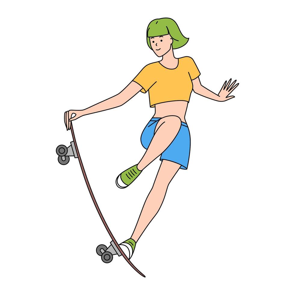 meisje skateboarder. vrouw met groen haar. jumping Aan een skateboard. zomer. vlak stijl. Aan een wit achtergrond vector