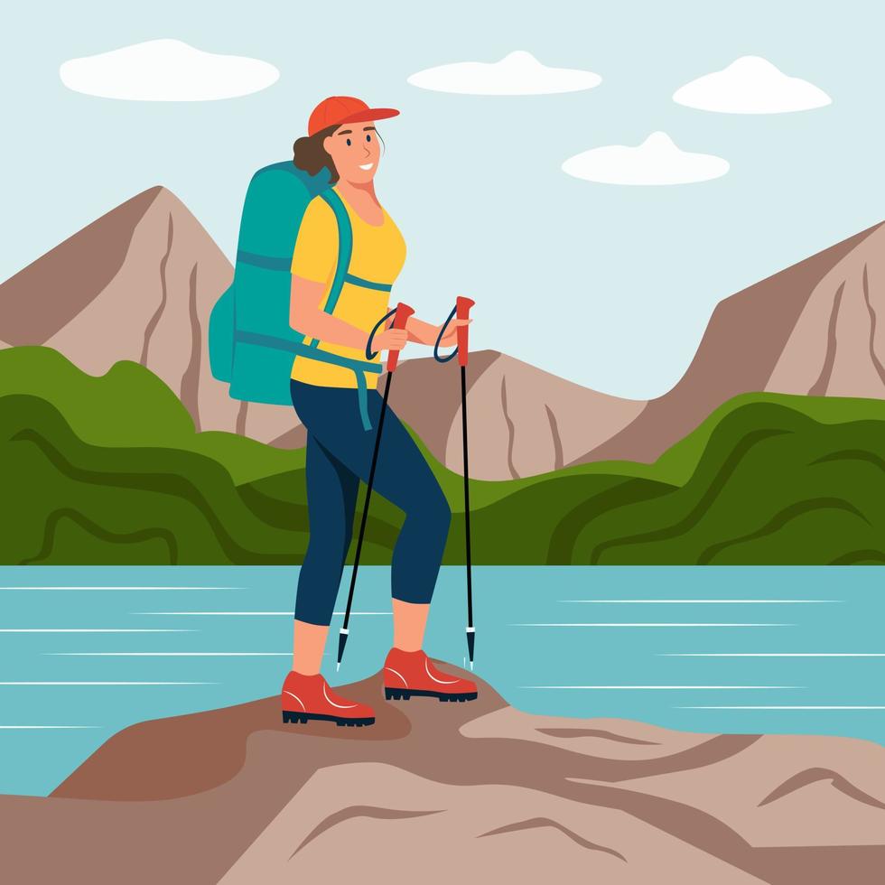 een jonge vrouw houdt zich bezig met wandelen. een vrouw met wandelstokken en een rugzak staat tegen de achtergrond van een meer en bergen. platte vectorillustratie vector