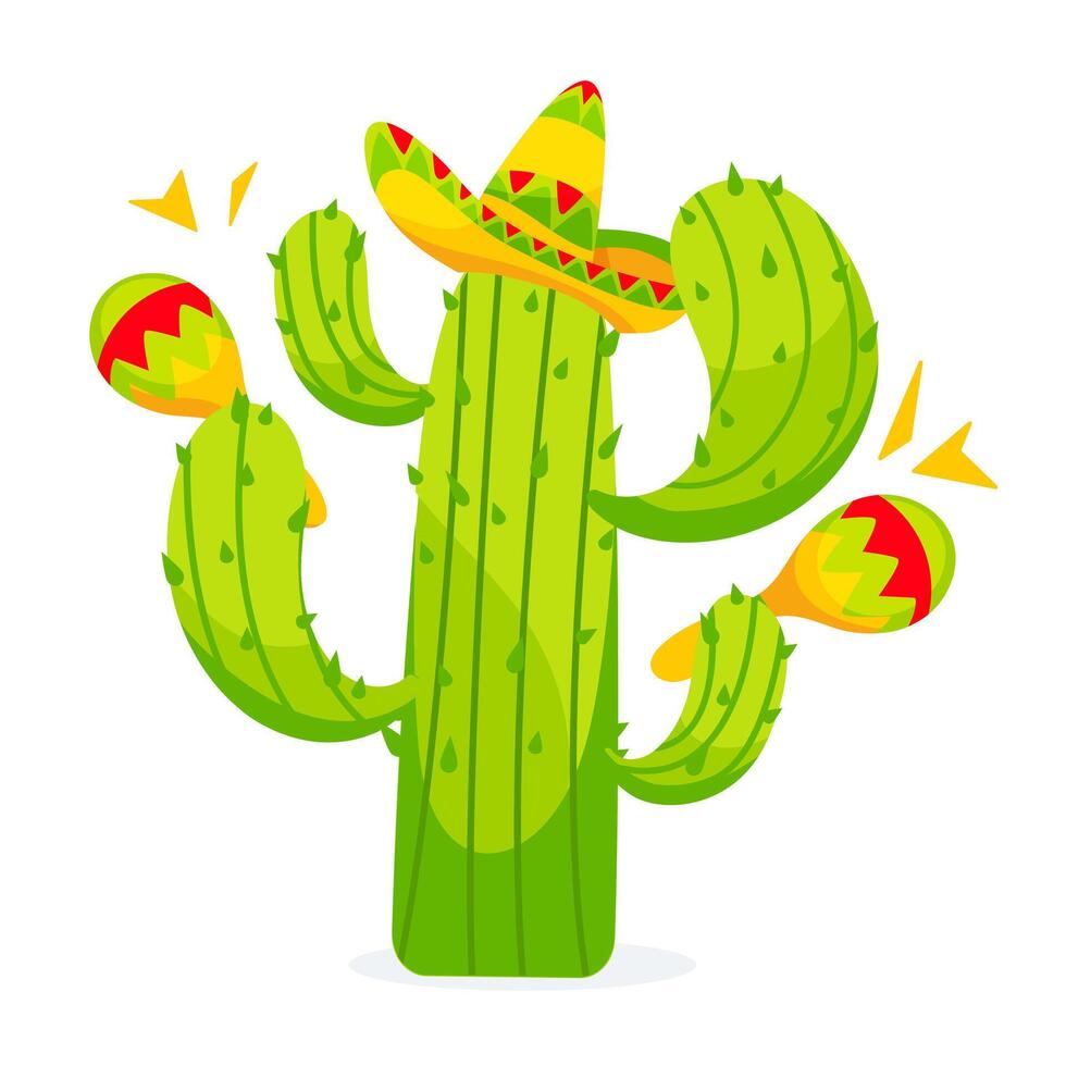 beeld van een cactus in een sombrero spelen maracas in een tekenfilm stijl. vector