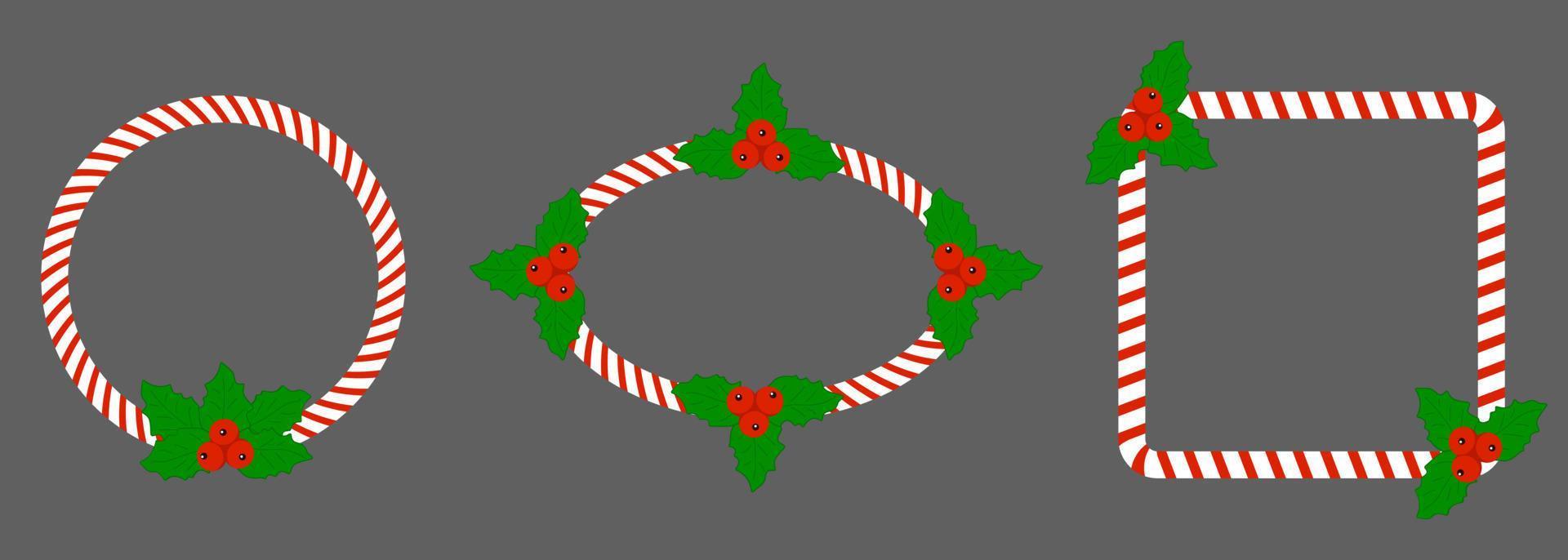 Kerstset frame met hulstbessen en bladeren rood-wit strip snoepgoed. vector geïsoleerd plat ontwerp.