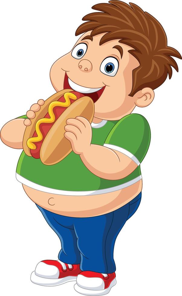 tekenfilm jongen aan het eten heet hond vector
