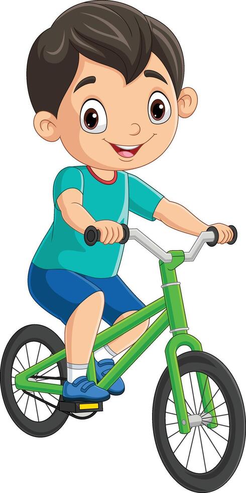 schattig weinig jongen tekenfilm rijden fiets vector